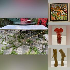 MaxSold Auction: This online auction features a vintage MCM Murano vase, Heather Sayeau oil painting and other wall art, marble top table, bar cart, Kachina doll, antique tile panels, Venetian glass, vintage brass elephant, Asian nesting tables, lacquered boxes, wicker basket, Masons dishware, Spode plates, 1000 Chairs book and small chair models, Sheffield plate forks, stoneware, Karski treen figures and much more!