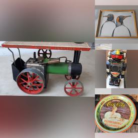 MaxSold Auction: This online auction features an antique steam engine toy, vintage postcards, Poker plexi glass panel, comic books, die-cast toy cars, wall art, quilt, accessories, jewelry, Baseball cards, books, antique table clock, serving tableware, records, vintage robot toy, barn cookie jar and much more!