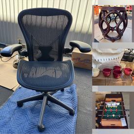 MaxSold Auction: This online auction includes framed wall art, furniture such as MCM conference table, antique carved table, cherry credenza, and Herman Miller Aeron chairs, MCM chandelier, Pottery Barn dishes, lamps, Asian folding screen, mini foosball table and more!