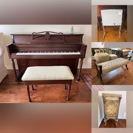 MaxSold Auction: This online auction features furniture such as a bench, wood cabinet, ottomans, accent tables, console tables, Bentwood chairs, armchairs, Philip Reinisch corner cabinet, Mason and Risch piano and others, rugs, seasonal decor, books, glassware, decor, mirrors, wall art, Herend jewelry, linens, daylight lamp, clothing, trinket boxes and much more!