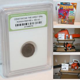 MaxSold Auction: This online auction features coins, power & hand tools, sports trading cards, Olympic coins, comic books, learning tools, video games, Legos, shelving, patio furniture, chainsaw, yard tools, washing machine, bar mirror, leather jacket, stamps, ladder, and much more!!