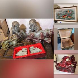 MaxSold Auction: This online auction features stereo components, Japanese figures, stone figures, collectors busts, Kokeshi dolls, Far East carved wood chest, Buddha collection, folding fan collection, a guitar amp, soapstone carving, TV, guitars, patio furniture and much more!