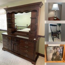 MaxSold Auction: This online auction features Hummel figurines, brass ware, furniture such as wood dining chairs, wicker chairs, Ethan Allen sofa, wooden dressers with mirrors, and end tables, lamps, record albums and much more!