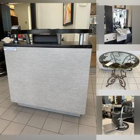 MaxSold Auction: This online auction features barber hairdressing sinks, reception desk, Casio electric cash register, vintage hair dryer, vintage Japanese Belmont barber chair, office chairs, salon accessory towers, end tables, console table, unit, wrought iron table and much more!