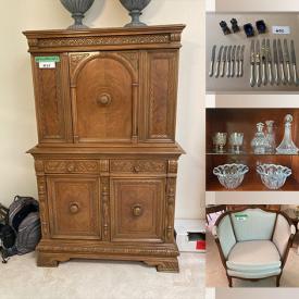 MaxSold Auction: This online auction features sterling silver, fine china, furniture such as Malcolm corner cabinet, vintage sofa, vintage dressers, Tomlinson dining room table with chairs, and armchairs, lamps, area rugs, framed art and much more!