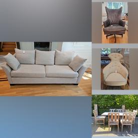 MaxSold Auction: This online auction includes a Montauk sofa, chairs, computer table, bedframe, dressers, gaming desk, Restoration Hardware bed, Pottery Barn egg chair, patio loungers, Van Gogh sofa and others, trash bins, plant pots, art, bookends, lamps, patio umbrella and more!