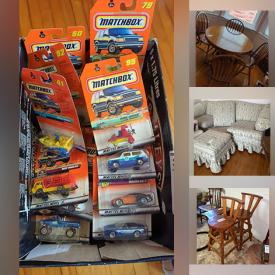 MaxSold Auction: This online auction features Matchbox and Hot Wheels, 31” model trains, Sony TV, furniture such as hall table, nightstand, dresser with mirror, pine secretary and oak table with chairs, small kitchen appliances, lamps, power tools, antique wool winder, automotive care, camping gear and much more!