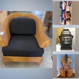 MaxSold Auction: This online auction features pedestal table, wicker chair, bookcases, grandfather clock, dishwasher, snowboards, Howard Miller clock, teapots, bird cages, pump organ, desks, wood trunk, double bass, conga drum, dryer, golf clubs, vintage bottles, games, power tools, and much, much, more!!