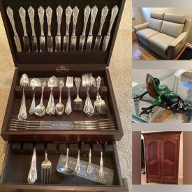 MaxSold Auction: This online auction includes sterling silver, 50” Samsung TV, original art, furniture such as Max Divani Italian leather sofa, Morganton dresser, twin beds, teak dining chairs, vintage tables, Ethan Allen wardrobe, and patio set, Stiffel lamps, collectibles such as TY Beanies, Lladro, Longaberger and music boxes, garden tools, exercise equipment, glassware, DVDs and much more!