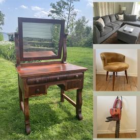 MaxSold Auction: This online auction includes furniture such as an L-shaped couch, bathroom cabinets, change table, wicker bookshelf, dining table set, cast iron park bench, patio tables, bedframe, vanity table, MCM vanity chair and others, wood plant stand, gas chainsaw and other yard tools, clothing, accessories, artwork, 30” electric stove, antique camera, poker items, wall art, kitchenware, English china, boat gear, Hydro garden system, pressure washer, mountain bikes and much more!