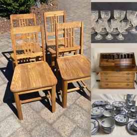 MaxSold Auction: This online auction includes Spode china, antique postcards, Limoges, furniture such as antique secretary desk, mahogany table, antique cherry dresser, inlaid side table and vintage desk, glassware, German beer steins, and more!