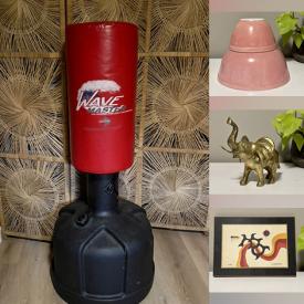 MaxSold Auction: This online auction features a weighted standing punching bag, wooden chest, UFC training gloves, vintage brassware, Blu-Ray movies, DVDs, handmade pottery, quartz clock, tent, pet ramp, portraits, patio rug, vintage metal detector, canister set, vintage binoculars, bike rack, vintage Pyrex, Syroco mirror, hanging bells, wicker items, Corelle, dog toys, vintage wood table and much more!