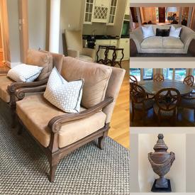 MaxSold Auction: This online auction includes framed artwork, furniture such as accent chairs, demilune table, Lee Industries loveseat, dining table and chairs, Hickory Chair sofa, and end tables, home decor, and more!