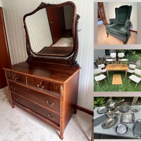 MaxSold Auction: This online auction includes furniture such as a midcentury cabinet, vintage stool, midcentury child’s rocker, midcentury table set, sewing table, wingback chair, loveseat, midcentury highboy,Victorian dresser, early sleigh bed and others, Singer sewing machine, mirror, loveseat, brass lamps, jewelry, wall art, siverplate, ephemera and more!