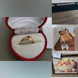 MaxSold Auction: This online auction includes jewelry such as 10k gold rings, sapphire pendant and earrings, kitchenware, lamps, furniture such as counter stools, wooden chairs, end table, and shelving units, books, and much more!