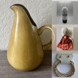 MaxSold Auction: This online auction includes Russel Wright stoneware pitchers, pet bowls, Hard Rock cafe tumblers, clothing, accessories, jewelry, toys, VHS, craft supplies, dishware, vintage Quick Trim kit, kalamazoos, vintage jungle-themed napkin rings and much more!