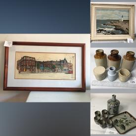 MaxSold Auction: This online auction includes signed original watercolour and oil paintings, blue and white china, art glass, ceramics, vintage Indonesian puppets, wooden decor, costume jewelry, studio pottery, MCM lamps, framed prints and more!