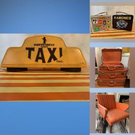 MaxSold Auction: This online auction includes tin lunch boxes, Toronto Taxi sign, lamps, board games, MCM chair, MCM desk, vintage linens, cookbooks, globes, rowing machine, LPs, kitchenware, DVDs, CDs, and more!