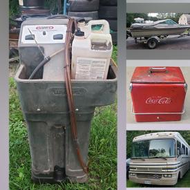 MaxSold Auction: This online auction includes a Fleetwood Bounder, Doral boat and others, flush machine, oil cart, Massey lawnmower, blower, fence, lawn maintenance tools and more!