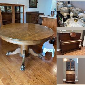 MaxSold Auction: This online auction includes furniture such as a writing desk, bookcase, chairs, vintage secretary, upright piano, desk chair, patio chair, extendable oak dining table, vintage buffet, sofa and others, brass etching, prints and other wall art, lamps, silver servingware, flatware, Limoges and other china, kitchenware, Denby pottery, small kitchen appliances, office supplies, clocks, steins, books, Nikon camera, seasonal decor, tools, hardware, cleaning supplies, Lasko heater, Cuisinart BBQ grill and much more!