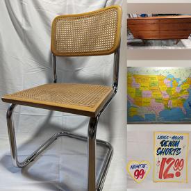 MaxSold Auction: This online auction includes furniture such as a vintage midcentury wooden chair frame, vintage Cesca chair, MCM teak dresser, brass and cast iron frame patio loungers, outdoor chair, vintage pine kitchen table, tallboy dresser, vintage pull-down USA map, mirror, kitchen accessories, antique electric fireplace insert, clocks, ceramic crock, Honest Ed\'s signs, enamelware, wicker basket and more!