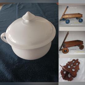 MaxSold Auction: This online auction features chamber pots, Jr. Roadster wagons, antique wooden wall shelf,  antique cast iron boot scraper, mirror, antique medicine cabinet, miniature lamps, antique oil lamps, teacup/saucer sets, cordial collection, miniature perfume/oil lamps, and much more!!