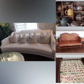 MaxSold Auction: This online auction includes framed art, handmade teapots, electric Mahjong tables, furniture such as upholstered armchairs, upholstered couch with pillows, wood dining table and chairs, display cabinets, buffet, carved wood bench and bar stools, lamps, GE refrigerator, and much more!