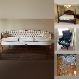 MaxSold Auction: This online auction includes Sligh grandfather clock, 52” Sony TV, furniture such as two pedestal dining table, dining chairs, loveseat, couch, china cabinet, antique dressers, four poster bed and coffee table, glassware, stemware, and more!