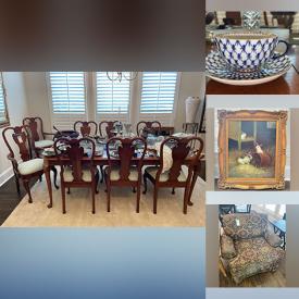 MaxSold Auction: This online auction includes sterling silver, framed art, furniture such as Pennsylvania House dining set, clawfoot oak table, upholstered chairs, secretary desk and end tables, crystalware, fine china, area rugs, holiday decor, lamps, vintage toys, and much more!