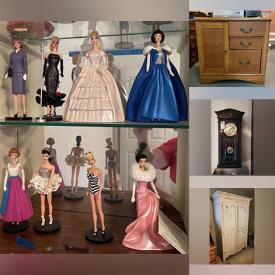 MaxSold Auction: This online auction includes vintage grandfather clock, Disney lithographs, sterling silver and costume jewelry, furniture such as wood server, dining set, lighted display cabinet, reclining armchair, Sofa Factory sofa, and Ethan Allen dresser, holiday decor, lamps, area rugs, collector porcelain dolls, and much more!