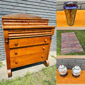 MaxSold Auction: This online auction features antique dresser, art glass, vintage stained glass art, MCM Majolica pottery, vintage cranberry glass, ginger jars, vintage books, art pottery, carved Africa masks, antique sewing machine, vintage Hoselton figurine, jewelry, and much more!!