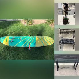 MaxSold Auction: This online auction includes furniture such as bedframes, wood corner bench, over the toilet cabinet, nightstand, wrought iron sofa, gray sofa and others, kitchenware, wall decor, shoes, clothing, accessories, books, planters, kitchenware, vintage hubcaps, drill press and other tools, trailer accessories, fiberglass kayak and more!