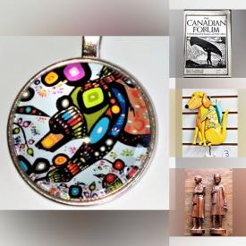 MaxSold Auction: This online auction includes Allen Designs pendulum clocks, wall art, Matt and Nat wallets, bags, jewelry, carved gourd, brass candlesticks and other brass pieces, wooden butter mold, copperware, cushions, cat decor, ceramics, glassware, LED light sphere, Eiffel tower gifts, pumpkin glass container, weather chair stretchers, hand carved wooden masks, vintage Javanese puppet, planters, dog decor, handblown glass art and many more!