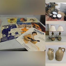 MaxSold Auction: This online auction includes vintage Pez, tins, Beatles coloring book, 1960s Mickey Mouse ears, antique metal bank, vinyl records, Red Sox memorabilia, picket tools, lamps, seasonal decor, antique cranberry scoop, vintage phones, tins, railroad lantern, vintage Coke bottles, hats, stamps, vintage sheet music, brass compass, drum set and more!