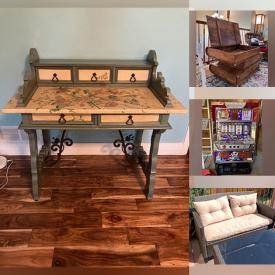 MaxSold Auction: This online auction features painted writing desk, armchair & ottoman, exercise bike, standing floor lamp/shelves, vintage Japanese slot machine, outdoor furniture, TV, and much, much, more!!