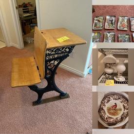 MaxSold Auction: This online auction features TV, antique school desk, bookshelves, camera, binoculars, games, small kitchen appliances, Nativity sets, milk glass lamps, tabletop books, gurgling pitcher, Trail of Painted Ponies, rooster collectibles, office supplies, craft supplies, and much, much, more!!