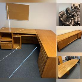 MaxSold Auction: This online auction includes small appliances, kitchenware, furniture such as wood desks, conference room chairs, oak table, credenza, reception desk, leather sofa and filing cabinets, office supplies, desktop printers, and more!