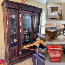 MaxSold Auction: This online auction includes furniture such as a china cabinet, loveseat, bunk bed, chairs, fire pit, tables, toolboxes, wood chest, outdoor chairs and others, diecast model cars, books, steins, seasonal decor, power tools, hand tools, clothing, accessories, cleaning supplies, Whirlpool refrigerator, generator, commercial hotdog machine, I Love Lucy and Betty Boop clocks, display signs, outdoor sink, model figures, wall art, TV, home health aids, neon lights, home decor, kids toys, board games, silverplate, kitchenware, small kitchen appliances and many more!