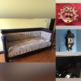 MaxSold Auction: This online auction features antique couch, German Schrank, teacup/saucer sets, blue & white figurines, Swarovski crystals, art glass, collector spoons, German candles, metal wall art, chest freezer, TV, computer desk, electric lawn mower, and much, much, more!!