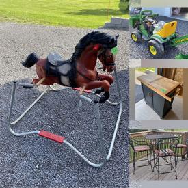 MaxSold Auction: This online auction features vintage spring horse, hand tools, battery-powered John Deere, kitchen island, sports equipment, toys, area rugs, patio furniture, steins, vintage Pyrex, cow creamers, puzzles, telescope, washboards, lawnmower, and much, much, more!!!