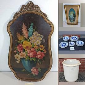 MaxSold Auction: This auction features Vintage Window Panes, a Mid-Century Rockport Wood Bench, a Vintage Travel Case, a Vintage Provincial Stool, Antique Child\'s Chair, 20 Gallon Crock Huge, New Haven Clock, Vintage Wedgwood Plates, Vintage Wooden Chest, Antique Mirrored Dresser, 20th Century Watercolor Painting and much more.