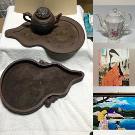 MaxSold Auction: This online auction features clay tea pot, Chinese cloisonne vases, Japanese jardiniere, teacup/saucer sets, cast iron bookends, Blue Willow platters, decorative plates, beer stein, Copeland Spode china, cameras, marbles, Chinese scrolls, Baileys collectibles, Hot Wheels, Asian charger plates, and much, much, more!!!