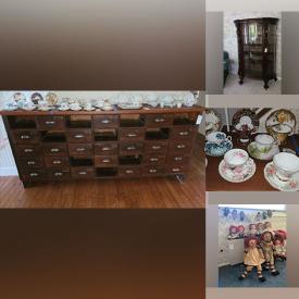 MaxSold Auction: This online auction includes furniture such as an apothecary cabinet, vintage dresser, wood bed, vintage wash stand, tables, wrought iron chairs and tables, Hoosier cabinet, buffet, secretary, chairs, dry sink, antique children’s desk, clawfoot china cabinet, cane rocker and others, lamps, tea sets, Royal Albert, Paragon and other china, decorative plates, vintage vanity set, quilts, clothing, vintage kitchenware, vintage Raggedy Ann and others dolls, rooster decor, vintage violin, crocks, baskets, doll chairs, oil lamps, wagon wheel and other garden decor, birdhouses, yard tools and much more!n