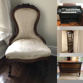 MaxSold Auction: This online auction includes antique slipper chair, wingback chair, bedding sets, antique cedar chest, triple dresser, curio cabinet, table lamps, Technics electric organ, antique handmade Irish linen and more!