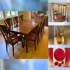 MaxSold Auction: This online auction includes vintage china, wool rugs, furniture such as solid wood dining table with chairs, glass display cabinet, barrel chairs, console table, wood dresser and harvest table, home decor, framed art and more!