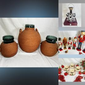 MaxSold Auction: This online auction features nutcrackers, Christmas decor, Franciscan Apple dishware, collector plates, decanter set, Peanuts collectibles, demijohn bottles, leather jacket, snow globes, thimbles, and much more!