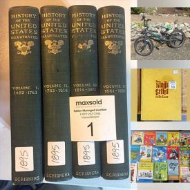 MaxSold Auction: This online auction features vintage books, bike, kids\' books, CZ rings, loose gemstones, coffee table books, ancient coins, tent, postcards, toys, costume jewelry, hanging masks, stamps,  and much, much, more!!