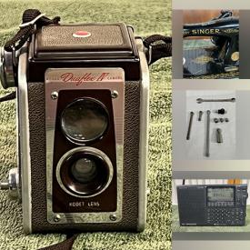 MaxSold Auction: This online auction includes a Neewer teleprompter system, industrial glass and metal fixture, Radioshack receiver radio, runner rug, wall art, vintage microscope, Levis jeans cordless chainsaw, Halloween decor, vintage Kodak Duaflex camera, Singer sewing machine, Ridgid wet dry vac, softball bats, fishing reels, Remo buffalo drum, 8 tracks, Husaby Sweden flatware, books, magazines, rugs, plants, handpainted tiles, vases and more!