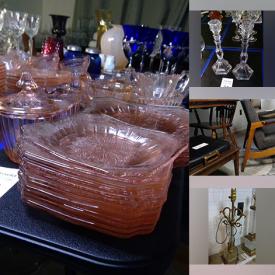 MaxSold Auction: This online auction includes Waterford crystal,  Pfaltzgraff, Fenton glassware, silver plate, Lenox, pewter ware, furniture such as antique chairs, vintage dresser, spindle back dining chairs and oak dining table, lamps, fine china, clocks, and more!