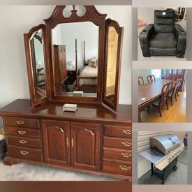 MaxSold Auction: This online auction includes Thomasville furniture such as poster bed, bureau, armoire and end table, recliner theater chair, kitchen table with chairs, propane BBQ, Universal Workout gym and more!